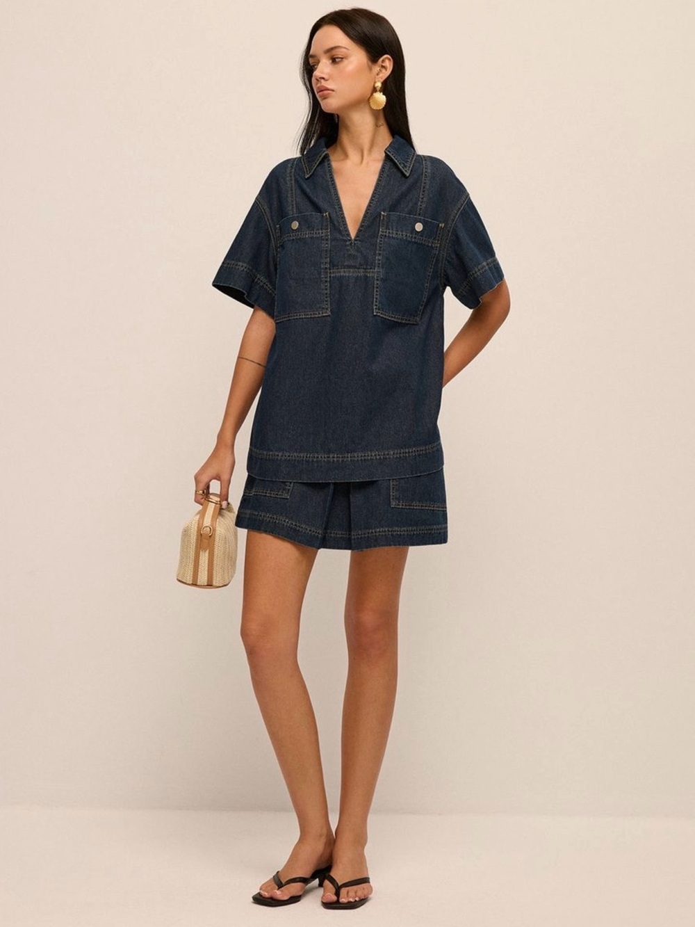 Commense Denim Short Sleeve Blouse & Skirt Set - Picture 5 of 6